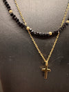 Double layer Cross Necklace with Black and Gold Glass stones and stainless steel chain