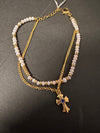 Double layer Gold Cross bracelet with Grey and Gold Glass stones and stainless steel chain