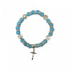Stainless Steel and Black, White, Pink or Light Blue Agate beads elastic bracelet with Silver crucifix