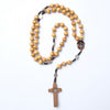 Catholic Rosary - ST BENEDICT LIGHT BROWN WOOD ON CORD WITH SILVER MEDALS