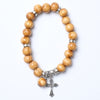 Light Brown wooden beads bracelet with Silver Crucifix and crystal details