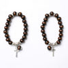 Dark Chocolate wooden Brown beads bracelet with Silver Crucifix and crystal details