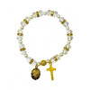 Crystal clear & white pearl beads bracelet with gold Crucifix and Sacred Heart of Mary medal