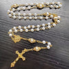 CATHOLIC ROSARY – ST BENEDICT with Imitation Pearl Beads and gold crucifix, medal and chain