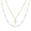 Double layer stainless steel gold plated chain & white agate bead rosary cross necklace