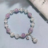 Blue & white or Lilac & white Beads Elastic Bracelet with Silver Cross