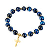 Natural beads elastic bracelet with stainless steel cross