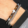Stainless Steel Double Layer Beaded Black Agate Tiger Eye Stone Cross Pendant Bracelet