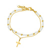 White Double layer stainless steel gold plated chain & black glass bead rosary cross bracelet