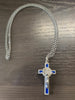 CRUCIFIX – METAL ST BENEDICT BLUE (5cm x 3cm) ON RHODIUM DIPPED CHAIN