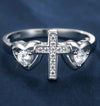 925 Sterling Silver Ring with Cross + Heart Design Paved Moissanite