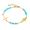 Aquamarine glass stone bracelet with Cross and virgin Mary medal