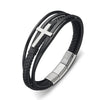 Stainless steel men’s multi-strap leather bangle with steel cross and clasp