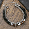 Stainless Steel Double Layer Beaded Black Agate Tiger Eye Stone Cross Pendant Bracelet
