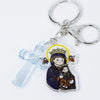 Different Sacred Figures + Light Blue Plastic Cross Religious Key Ring