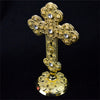 Gold or Silver Plated Metal Cross Round Stand with Diamonte Beads