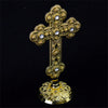 Gold or Silver Plated Metal Cross Round Stand with Diamonte Beads