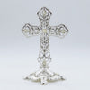 SILVER STANDING CROSS WITH PEARL AND CRYSTAL DETAILS