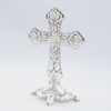 SILVER STANDING CROSS WITH PEARL AND CRYSTAL DETAILS