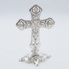 SILVER STANDING CROSS WITH PEARL AND CRYSTAL DETAILS