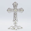 SILVER STANDING CROSS WITH PEARL AND CRYSTAL DETAILS