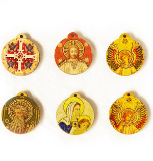 6 small wooden medallions printed with images from the mosaic reredos of St Paul's Cathedral including St Paul, Christ, angels, cross and Mother's union banner image