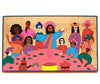 a simple painted depiction of the last supper on wood with bright block colour and men and women. bright pink pale blue, red green and orange
