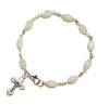 a 10 bead rosary bracelet of elongated mother of pearl beads separated by silver chain, incorporating a small silver crucifix